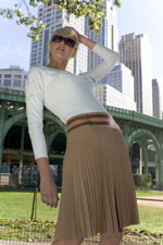 Bluesuits Camel Sunburst Pleated Skirt With Leather Trim