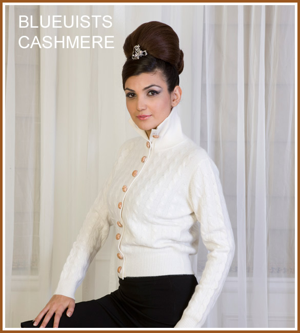 Bluesuits Ivory Cashmere cardigan and black kick pleat skirt