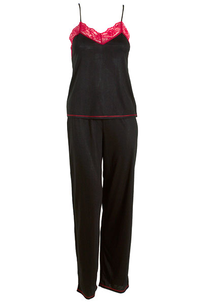 Natori Black Pajama with Contrast Red Lace Trim