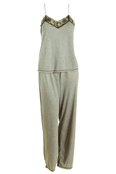 Natori Grey Pajamas with Contrast Black Lace Trim