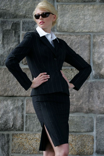 Bluesuits Hepburn Blk/Cream Pinstripe Tropical Wool Jacket shown with pencil skirt
