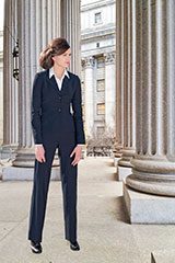 Bluesuits pinstripe women business suit jacket shown with fly front pants
